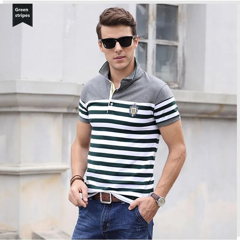 Летняя рубашка поло в полоску Повседневное классический Для мужчин короткий