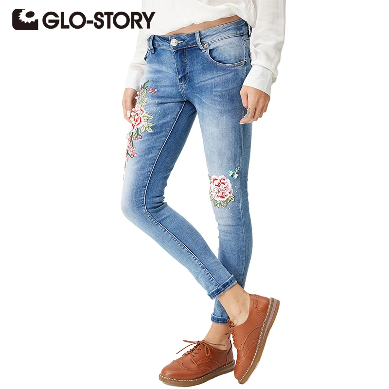 GLO-STORY Floral Embroidered Jeans 2018 Women's Jeans Beading Skinny Slim Middle Waist Beads Hole denim Jeans WNK-4103