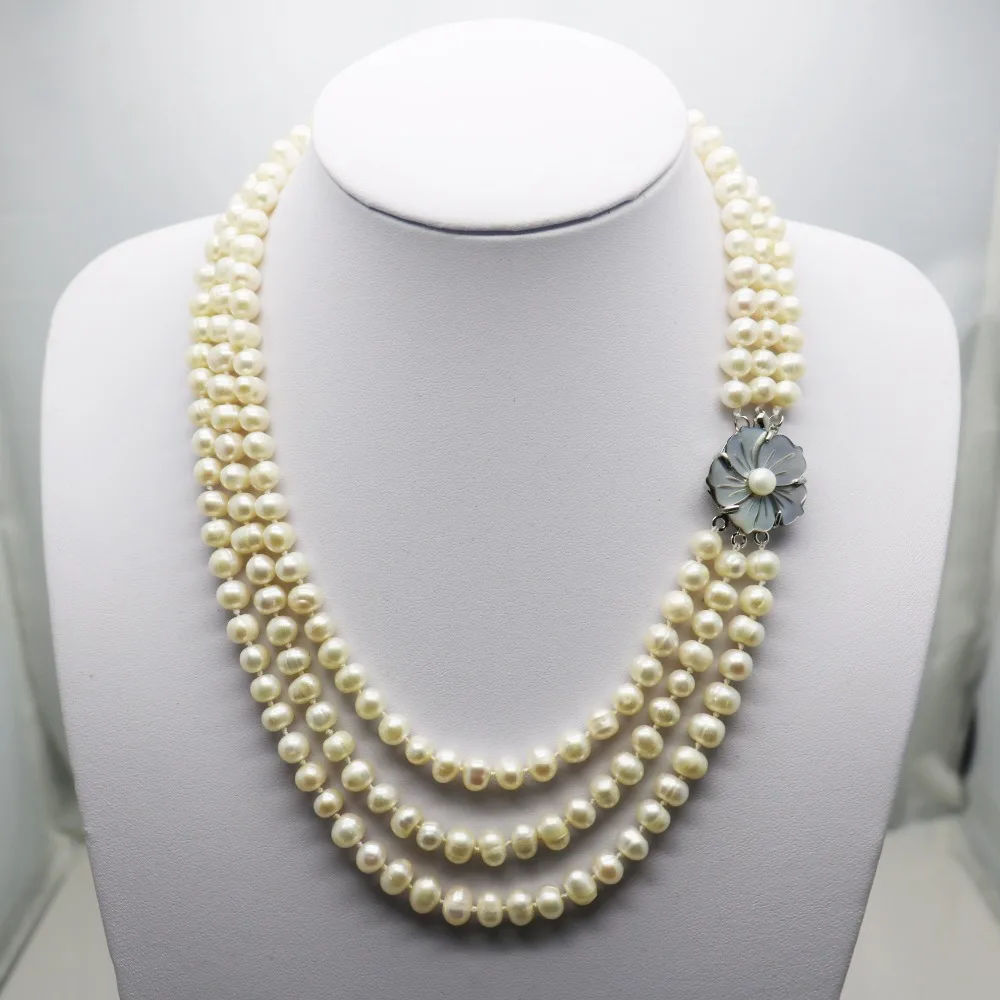 

Fashion Popular Natural White Pearl Necklace 3Rows Neck chain Shell clasp Accessories for women girls ladies gifts Jewelry