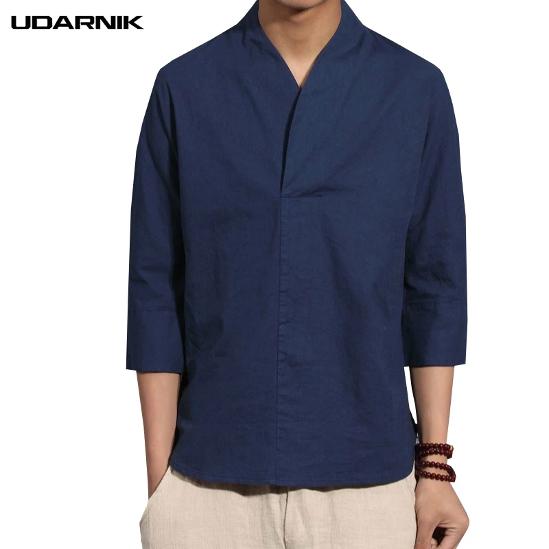 Мужская винтажная хлопковая льняная футболка Повседневная однотонная Свободная