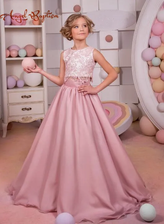 Красивые розовые длинные платья с цветочным узором для девочек 2 предмета