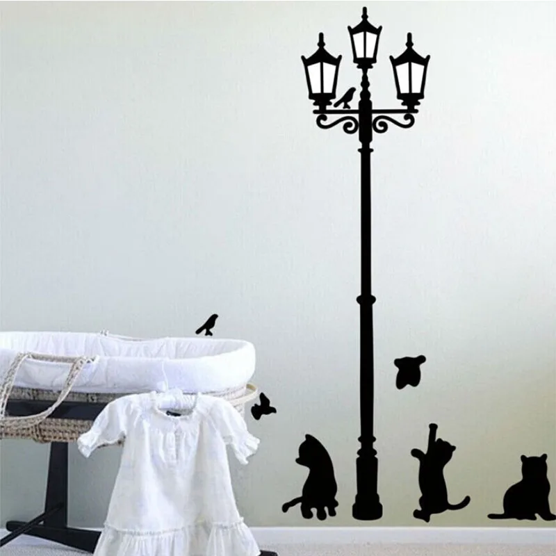 Black Cat Bird Street Lamp Streetlight Wall Stickers DIY Removable Home Decoration For Kids Room Nursery Bedroom Bathroom Mural | Дом и сад