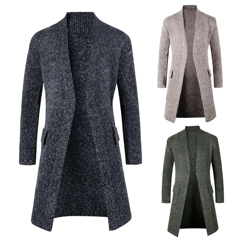 Тренчкот средней длины мужской новый модный вязаный кардиган свитер однотонный