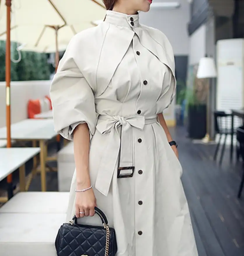 2021 New Spring fashion Stand Collar Long Sleeve Personality Wiast Tie Loose single breasted Women trench Coat | Женская одежда