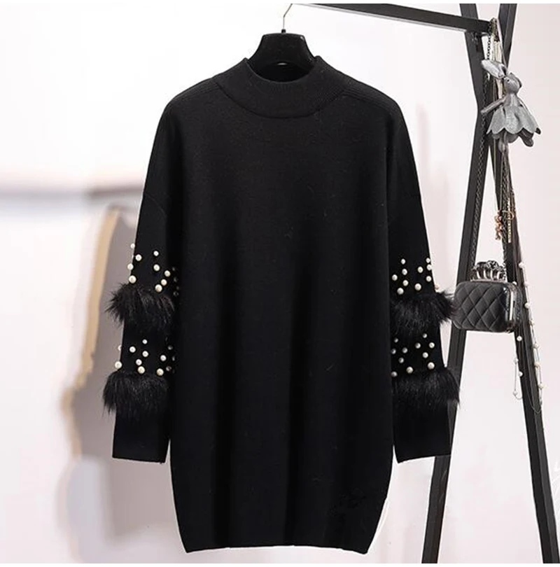 Women Winter Faux Fur Sweater Fashion Pearls Turtleneck Knitted Pullover Female Rabbit Fur Embellish Long Sweaters jumper