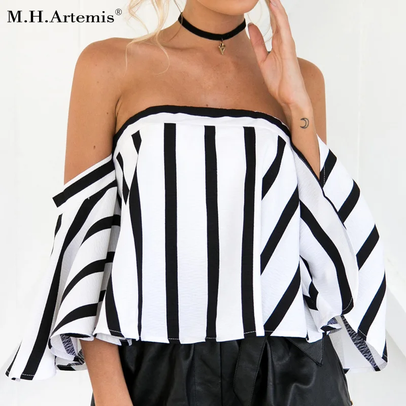 M.H.Artemis Stripe off shoulder White blouse women Summer flare sleeve Elegant beach party blusas 2017 boho chic top |