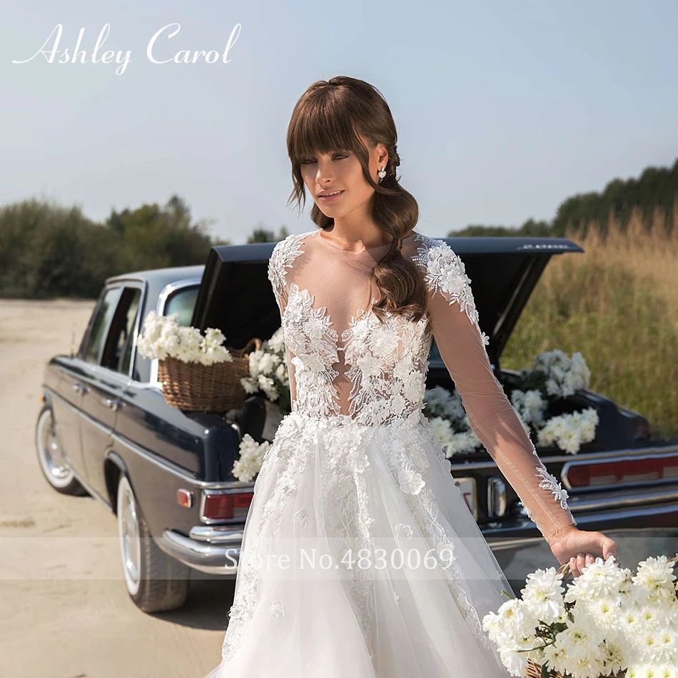 Ashley Carol Элегантный Эластичный длинный рукав кружева иллюзия черное свадебное платье бисером платье невесты Свадебные платья без спинки
