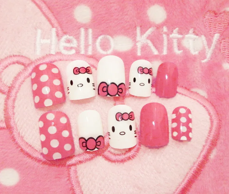 hello kitty 24 шт коричневый пресс на поддельные ногти с милой картонной конструкцией короткие Kawaii накладные ногти искусственные ногти с клеем, стикер - Цвет: hello kitty