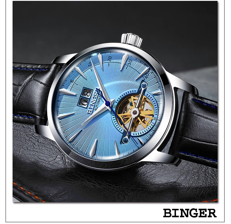 Часы Бингер, подлинные автоматические механические часы, полый турбийон, военный скелет, мужские Роскошные наручные часы, водонепроницаемые часы