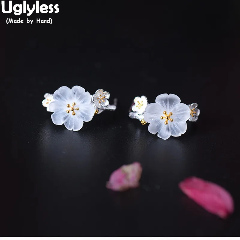 Женские серьги-гвоздики из серебра 100% пробы с цветком сливы | Украшения и