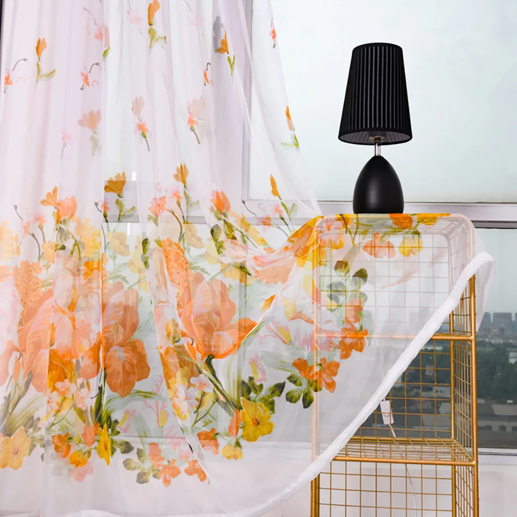 2pcs Peony Flower Print Curtain Tulle Window Treatment Drape Valance Simple Curtain Wear Rod Model 100x200cm L703