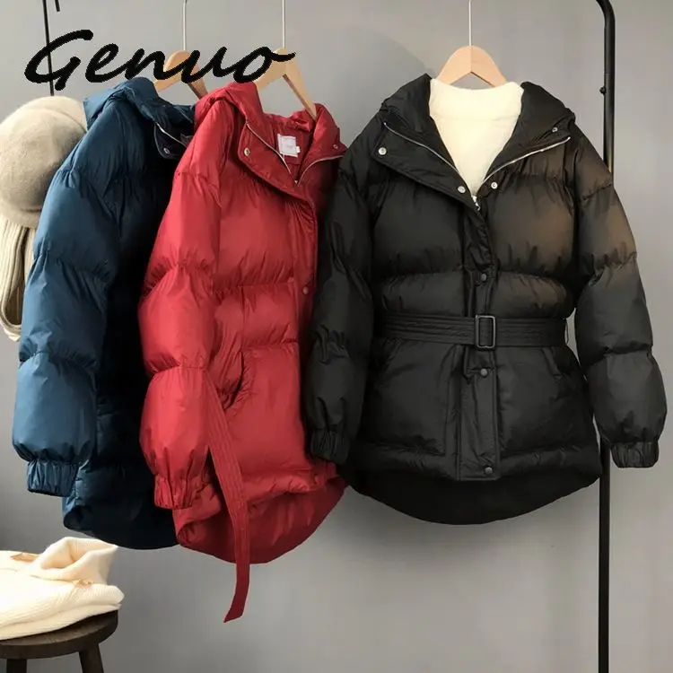 Genuo New Three Color Solid Women Parkas Hooded Zipper Single Breasted Coat Winter Thick Korean Fashion Sashes Jacket