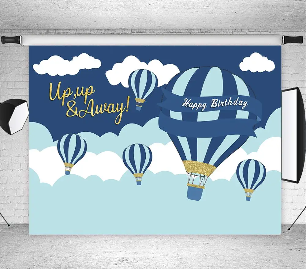

Blue Hot Air Balloon Up Up & Away item Backdrop Baby Shower boy Birthday Photography Background Party Decoration Banner