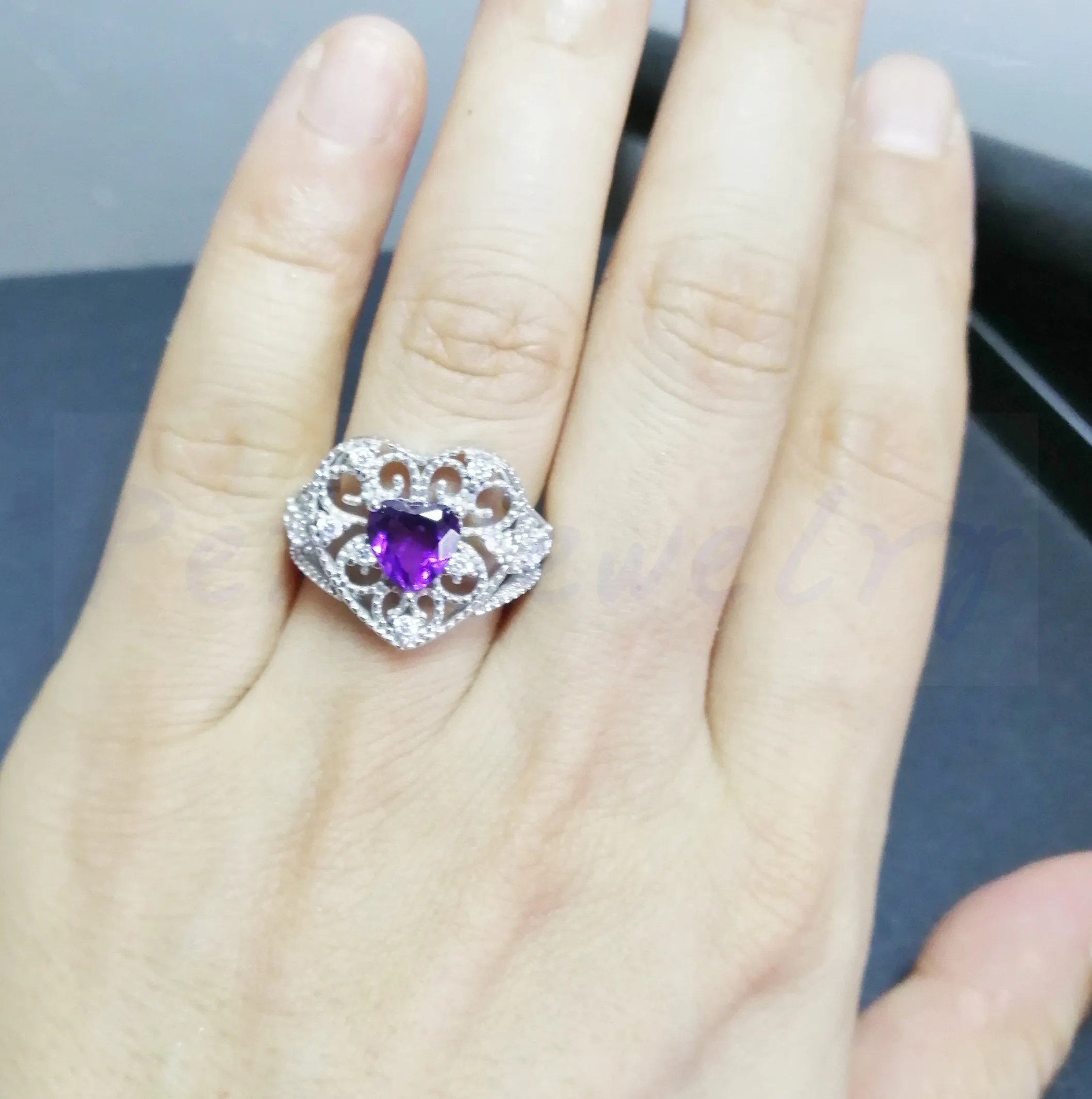 Per jewelry Natural real amethyst love heart style big ring Free shipping 925 sterling silver 0.8ct gemstone T95306 | Украшения и