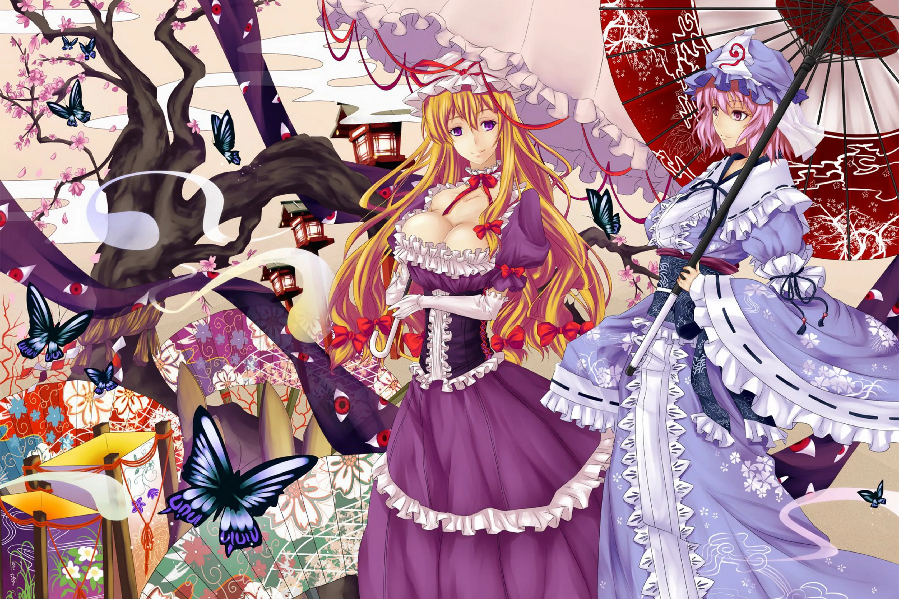 Touhou светлые волосы бабочка вишни платье декольте шляпа гостиной Home Art декор