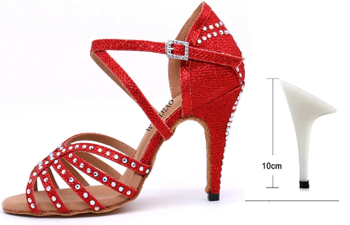 Red heel 10cm WUXIJIAO/Новинка; обувь для латинских танцев; женская Обувь для бальных танцев; Женская Блестящая Тканевая обувь; блестящие стразы; 5-10 см - Цвет: Red heel 10cm
