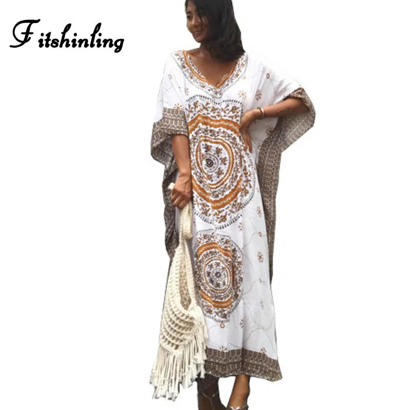 

Fitshinling Ethnic tribal print big size long dress beach swimwear 2020 cloak sleeve loose oversized summer maxi dresses women