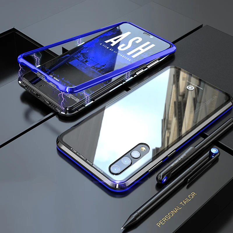 Роскошный металлический магнитный чехол для huawei P20 PRO, чехлы с откидной крышкой для huawei P20 Lite, бампер из закаленного стекла, металлическая рамка, чехол