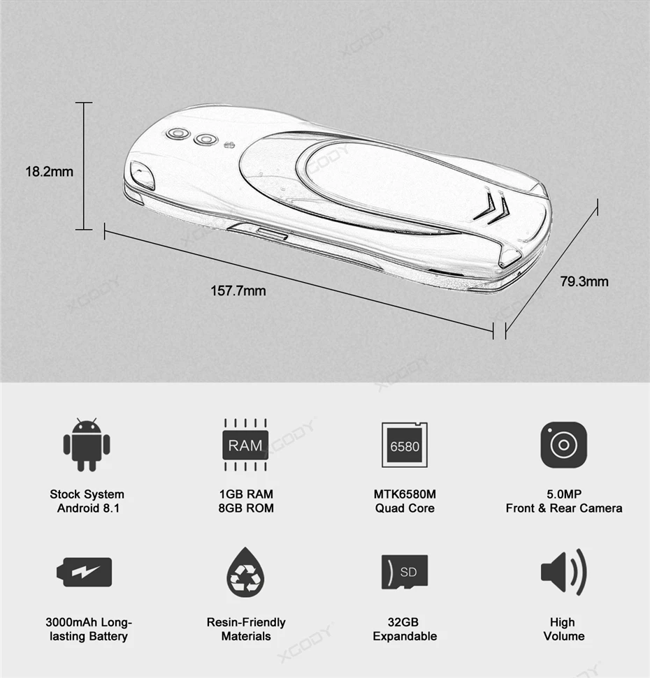 XGODY X25, 5 дюймов, 3g смартфон, Android 8,1, 1 ГБ, 8 ГБ, четыре ядра, две sim-карты, камера 5 Мп, модель автомобиля, мобильный телефон, 3000 мАч, WiFi, мобильный телефон