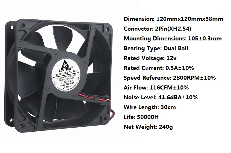 2 шт. Gdstime 2800 об/мин 2Pin двойной шар 0.5A DC 12 В 120*120*38 мм Бесщеточный Охлаждающий вентилятор 120 мм x 38 мм 12 см PC cpu Cooler 12038B