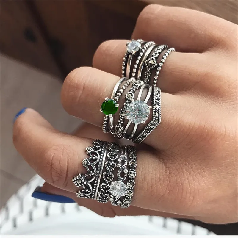 Mostyle, винтажная Корона, кристалл, бохо, ювелирное изделие, уникальная резьба, тибетский набор серебряных колец для женщин, свадебные, вечерние, роскошные кольца, наборы