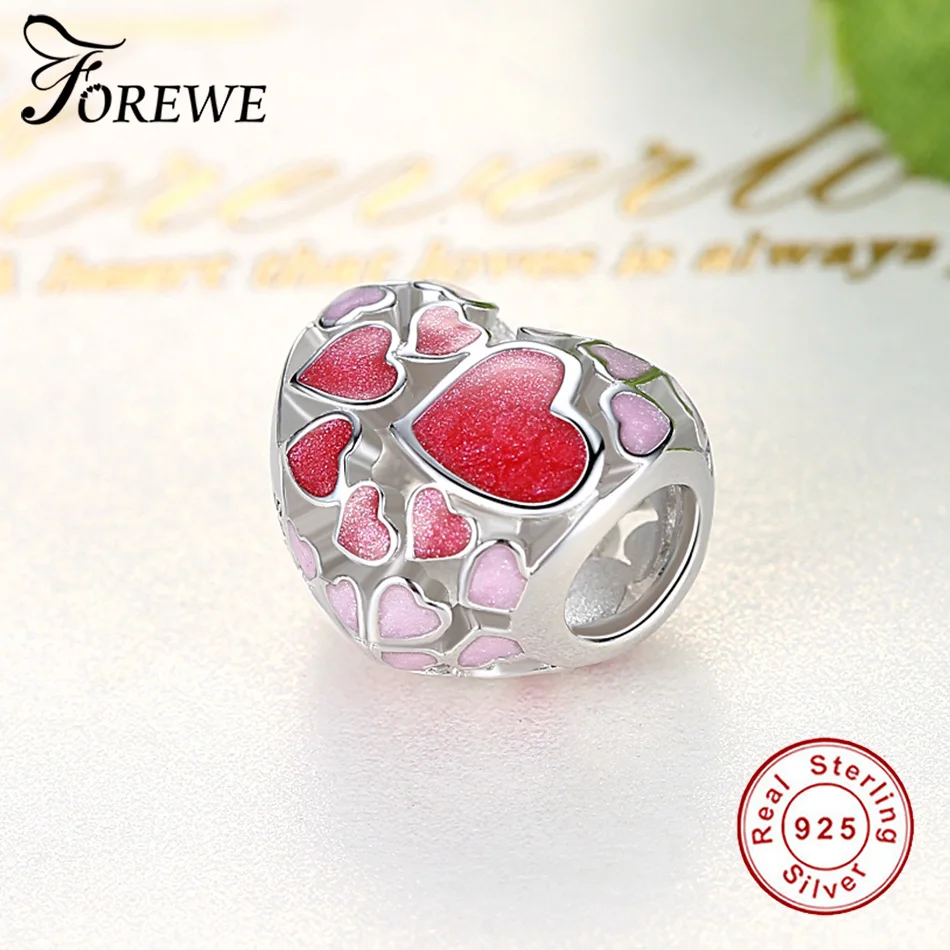 FOREWE 925 пробы серебряные красные розовые эмалированные бусины в форме сердца