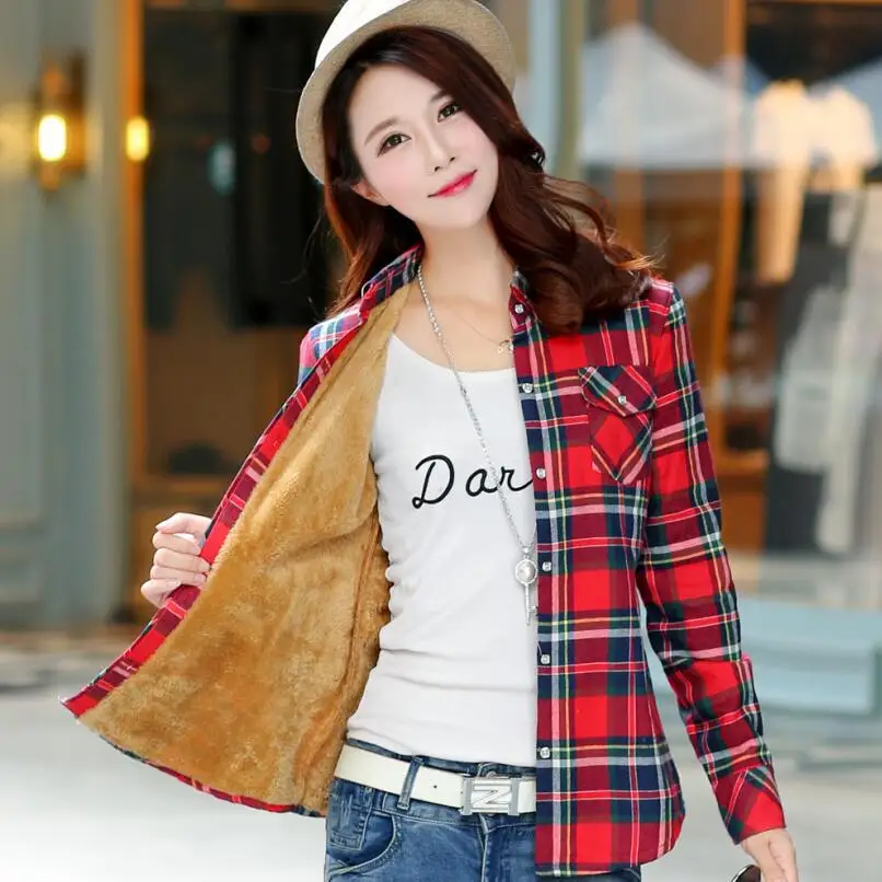 Warm Velvet Checked Shirt Women 2017 Winter Blouse Femininas Feminine Female Plaid long sleeve Top |