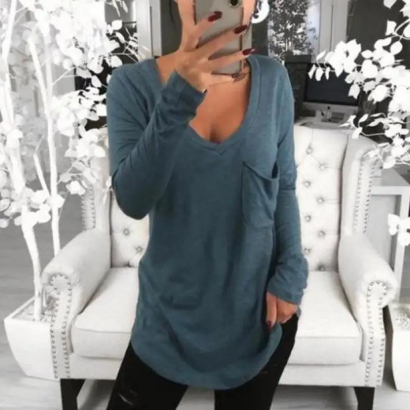 Женская свободная футболка с V-образным вырезом длинным рукавом и карманами |