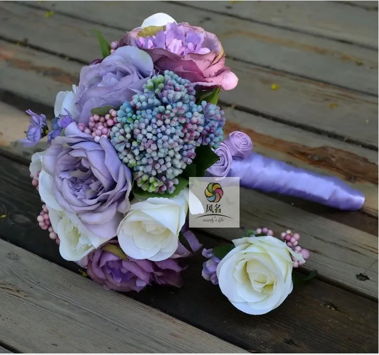wedding hand bouquet Handmade High Simulation Purple Silk Rose Flower Bridal Wedding Bouquet Accessories | Свадьбы и торжества