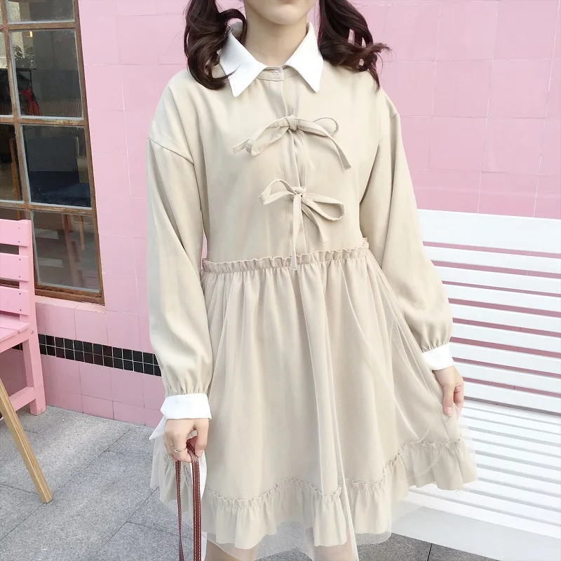 Милое бежевое платье с длинными рукавами Mori girl милое Сетчатое для студентов