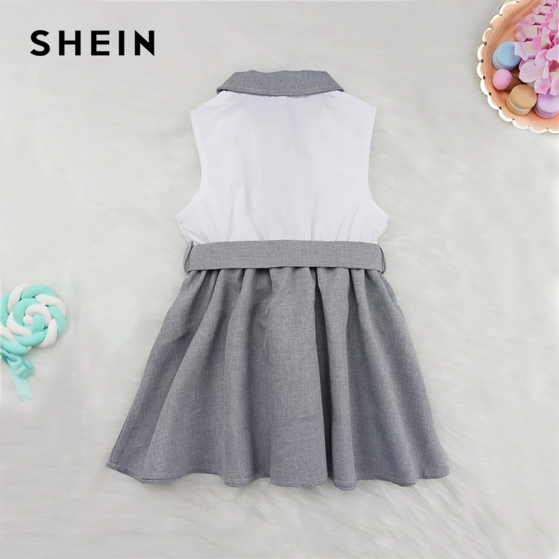 SHEIN/Детское платье для маленьких девочек с контрастным воротником и пуговицами спереди; элегантное платье с поясом; коллекция года; Летние повседневные расклешенные платья без рукавов для детей