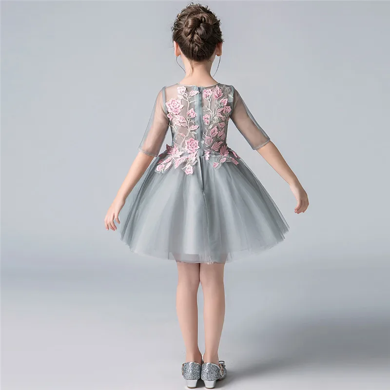 

2018New Luxury Children Kids Embroidery Flowers Princess Lace Dress For Birthday Evening Party Baby Toddler Long Mesh Tail Dress