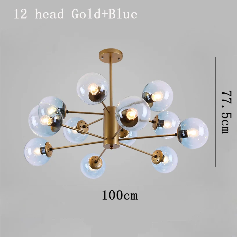 12 head Gold-Blue Современная люстра в скандинавском стиле, светодиодная лампа в стиле арт-деко, черная, золотая, белая, Потолочная, подвесная люстра, лампа для кухни, гостиной, лофт, спальни - Цвет абажура: 12 head Gold-Blue