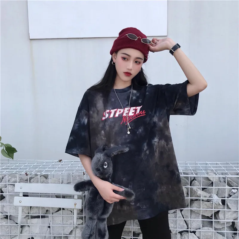 Tie Dye Gradient, большие размеры, свободные, более размера, модные, Harajuku, Женские топы с буквенным принтом, хип-хоп, короткий рукав, повседневная парная футболка - Цвет: 1