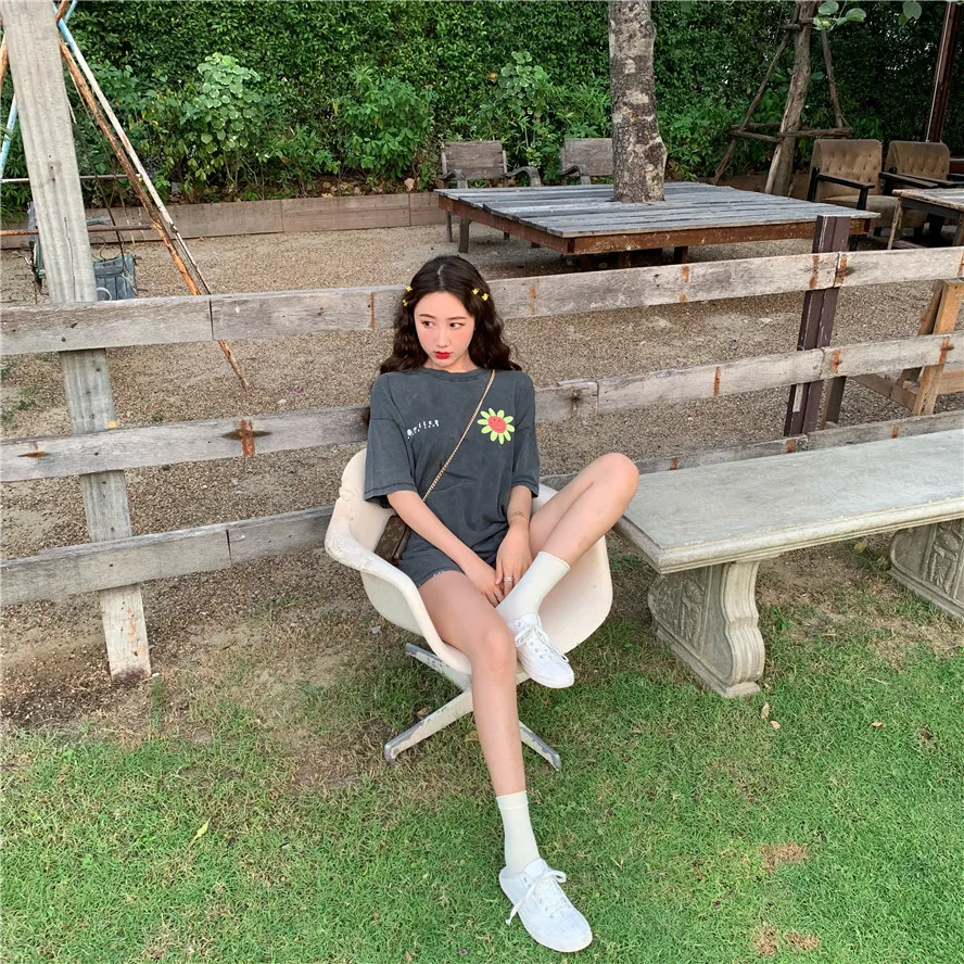 

2019 spring summer floral print loose grey short sleeve t shirts womens tops tee shirt femme (R4423)