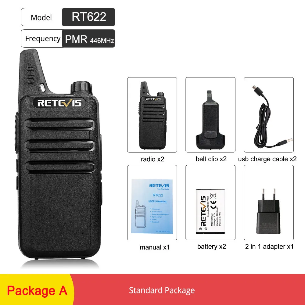 PMR RT622-Package A 2 шт. Retevis RT622 RT22 мини рация PMR радио PMR446 FRS UHF двухстороннее радио портативный VOX usb зарядка портативный приемопередатчик - Цвет: PMR RT622-Package A