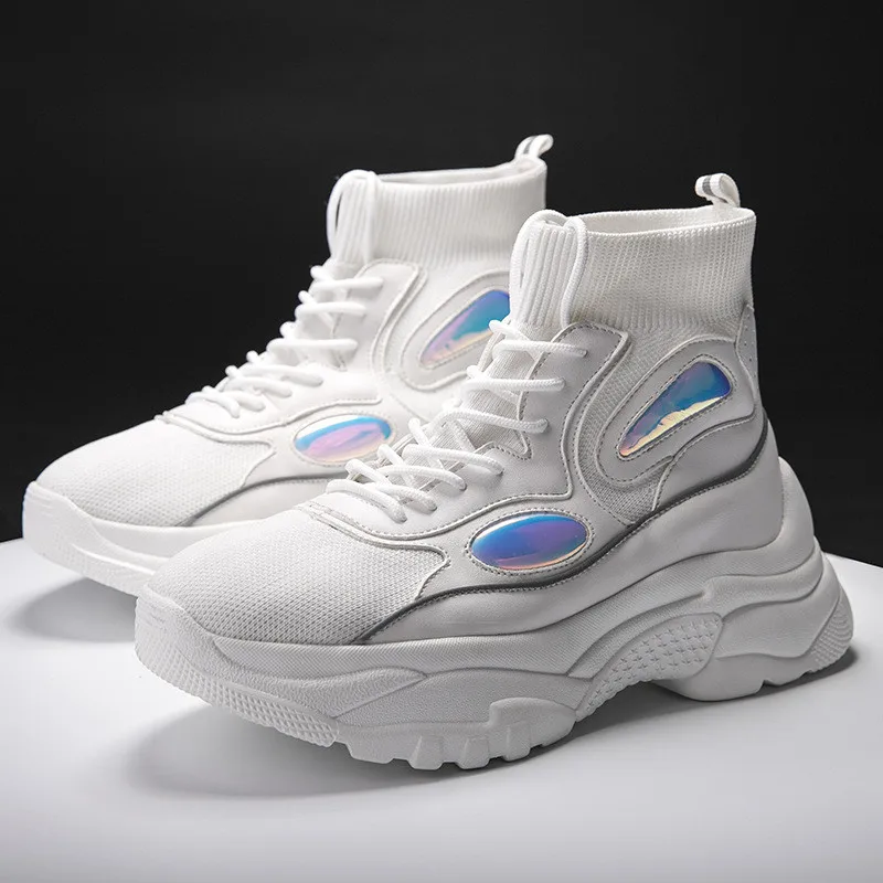 Мужские кроссовки с толстой подошвой увеличивающие рост 5 см белые/черные