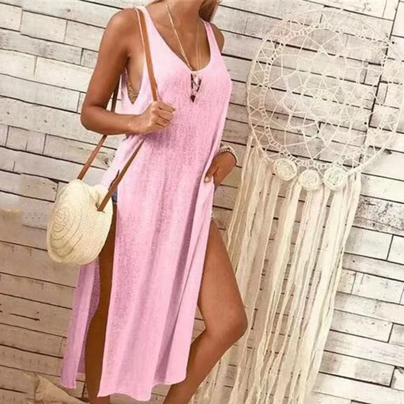 Solid Color Deep V Split Vest Dress Evening Party Summer Beach Casual Long Sundress QL Sale | Женская одежда