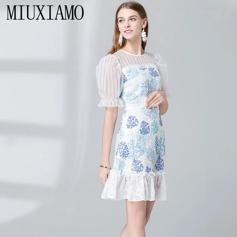 MIUXIMAO высокое качество летнее платье Новейшее Европейское модное кружевное синее Цветочное платье длиной до колена женское Повседневное платье