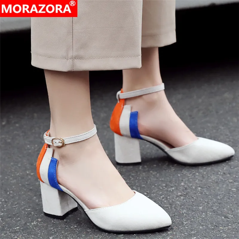MORAZORA/размеры 34-46; новые модные женские туфли-лодочки с пряжкой на ремешке; вечерние свадебные туфли с острым носком на высоком толстом каблуке; разноцветная обувь