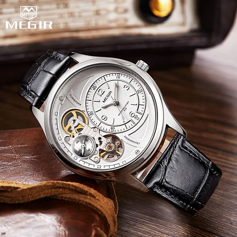 MEGIR Мужские Аналоговые кварцевые часы Роскошные модные брендовые кожаные