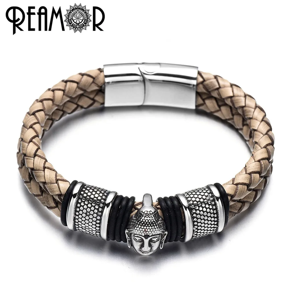 

REAMOR Men Jewelry 316l Stainless Steel Thailand Buddha Head Bracelets Bangles Gray Genuine Leather Bracelet With Magnetic Clasp