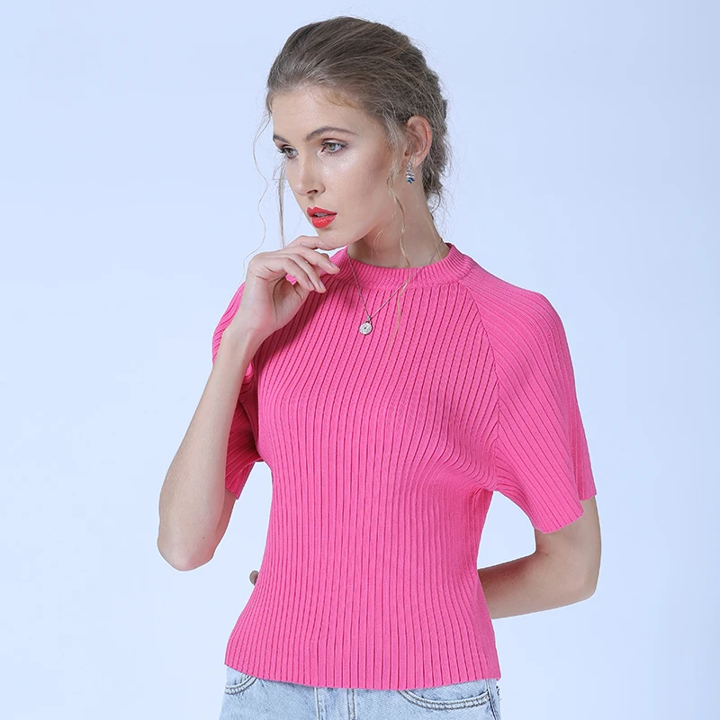 XIKOI Rainbow-colored Vertical Striped Shirt Round Neck Short-sleeved Close-fitting Sweater | Женская одежда