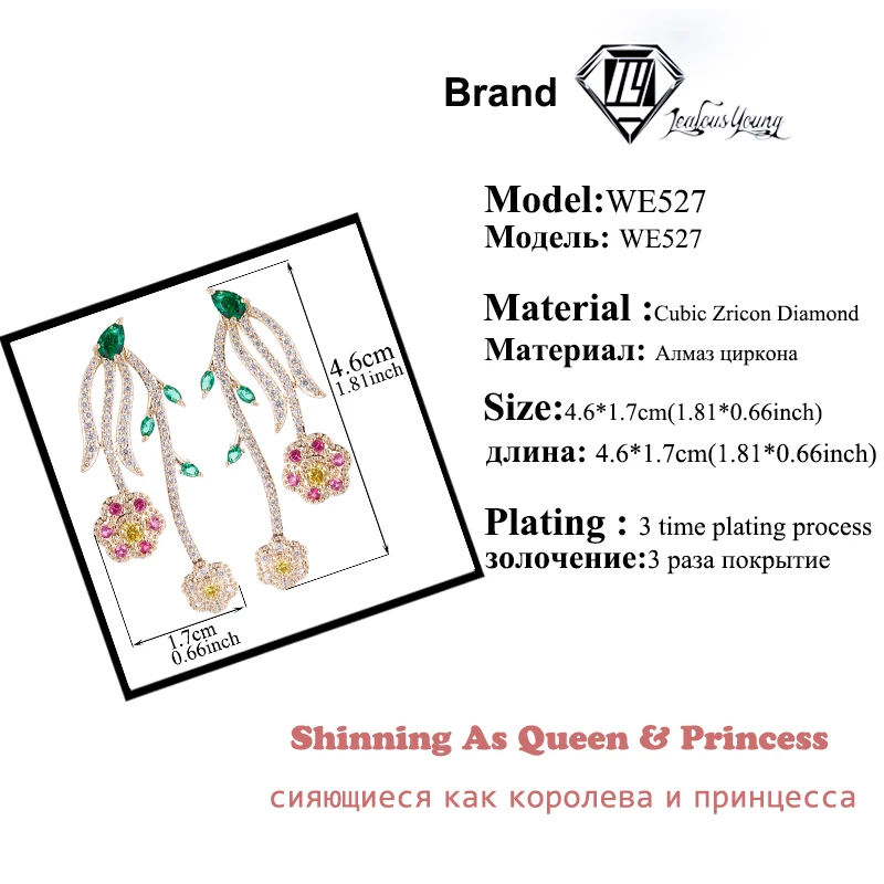 Elegant Multicolor Rose Flower Party Drop Earrings For Women Wedding Yellow Gold Color CZ Stone Long Brnicos | Украшения и
