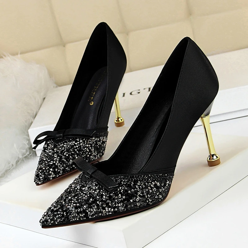 New Pointe Fashion Bling Metal Heel Women Pumps Silk Shallow Korean Women's Sweet Small Bowknot High Heels Shoes 10CM Woman | Обувь