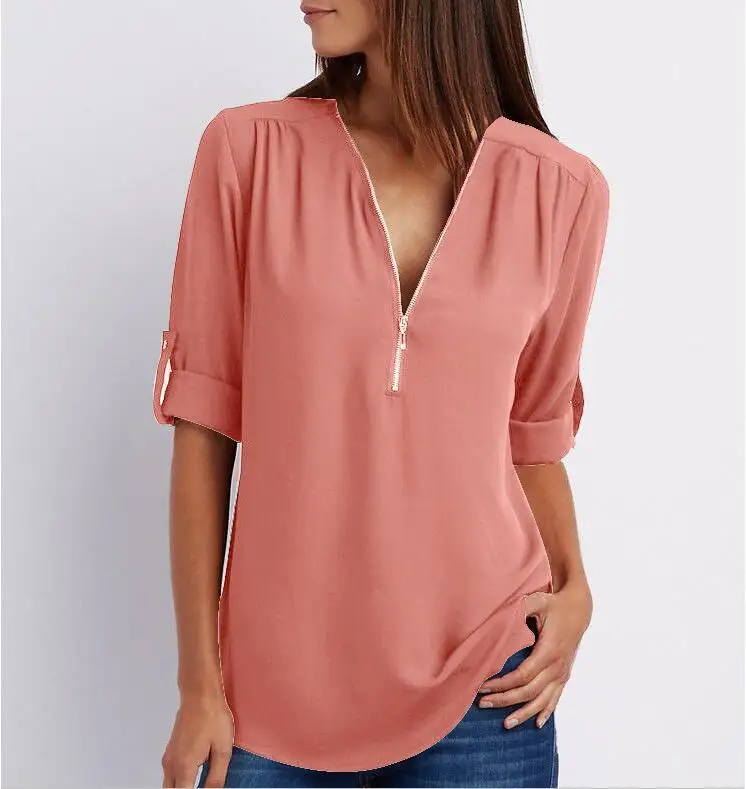 Blusas mujer de moda, рубашка с длинным рукавом и v-образным вырезом, Элегантная блузка, шифоновая Женская Коллекция nouvelle, с украшением на молнии