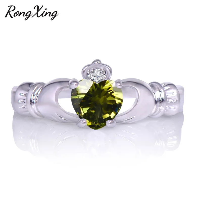 Peridot RongXing новое ирландское кельтское Корона сердце Claddagh свадебное предобручальное кольцо для женщин белое золото заполненный красочный Циркон кольцо RW1098 - Цвет основного камня: Peridot
