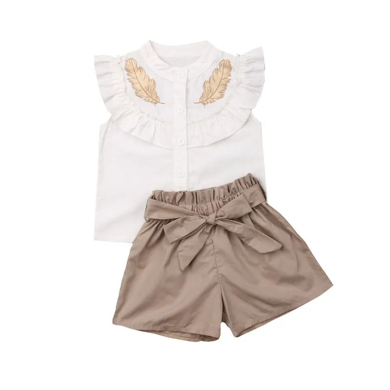 

New Fashion Casual Ruffles Toddler Kid Baby Girls Petal Sleeve Outfits Button Tops T Shirt Short Pants Clothes Sets O-Neck