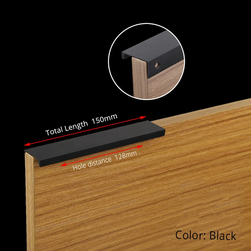 Black Length 150mm KAK 5 шт./лот, черные скрытые ручки для шкафа, цинковый сплав, кухонный шкаф, ручки для выдвижных ящиков, мебельная дверная ручка для спальни, фурнитура - Цвет: Black Length 150mm