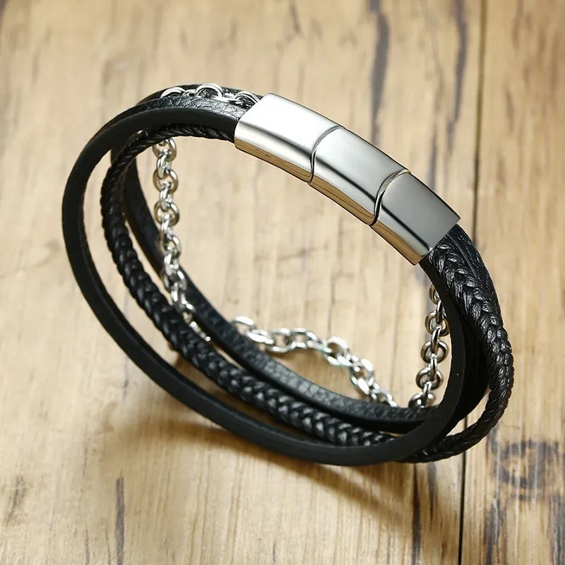 

Men's Multi-layer Leather Bracelets Wristband Black Rope and Stainless Steel Chain Bracelet Bangle 8.46"